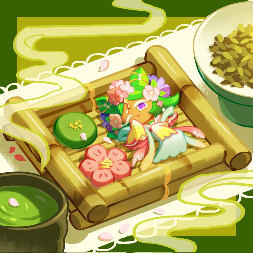 1girl, bamboo, cookie_run, cookie_run:_ovenbreak, cup, flower, food, full_body