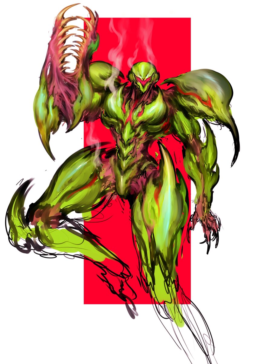 1girl, absurdres, alternate_design, arm_cannon, armor, assault_visor, biomechanical, border, claws, commentary, english_commentary, green_armor, highres, metroid, metroid_dread, metroid_suit, nintendo, power_armor, power_suit_(metroid), red_background, samus_aran, science_fiction, sharp_teeth, shoulder_armor, sketch, solo, teeth, weapon, white_background, white_border, witnesstheabsurd