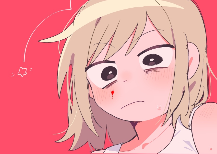 1girl, blonde_hair, blood, blush, bright_pupils, commentary, english_commentary, frown
