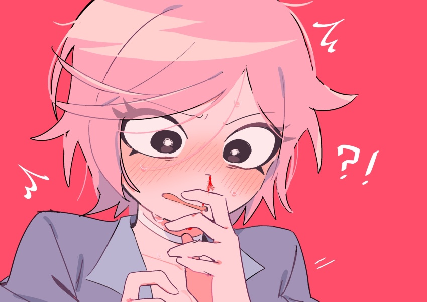 !?, 1girl, blood, blush, breasts, bright_pupils, choker, cleavage, commentary, english_commentary, flustered, grey_shirt, highres, mameo_(mameo6416), nosebleed, pink_hair, ramona_flowers, red_background, scott_pilgrim_(series), scott_pilgrim_takes_off, shirt, short_hair, solo, upper_body, white_pupils