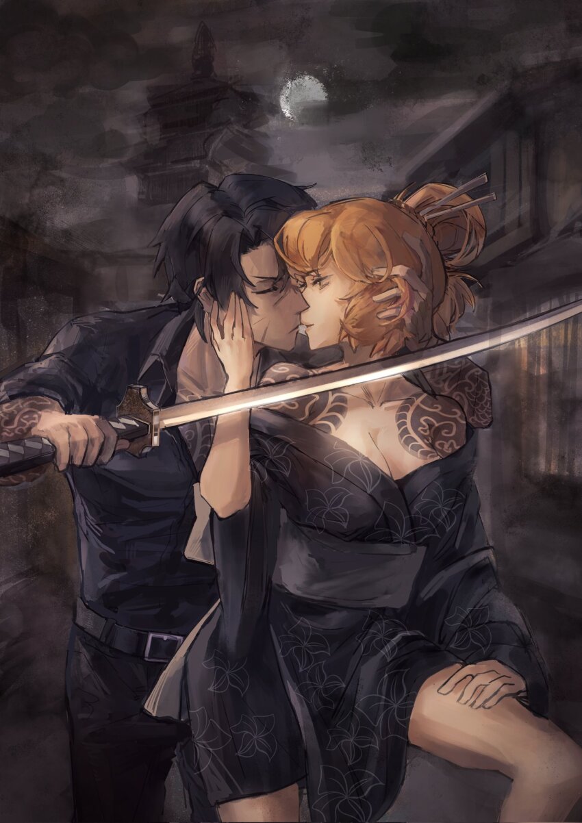 09gugugu, 1boy, 1girl, architecture, black_hair, black_kimono, black_shirt, blade_to_throat