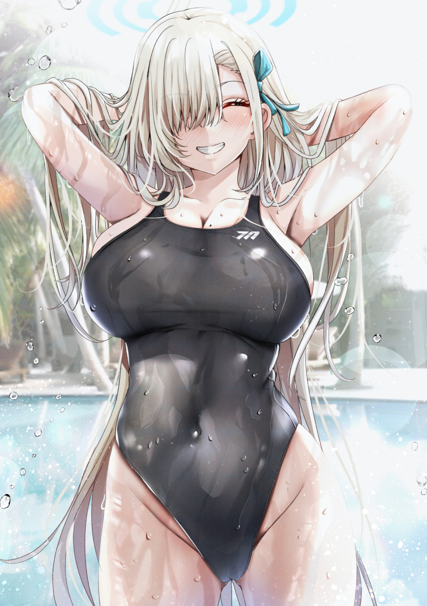 1girl, ^_^, absurdres, aga_marino, armpits, arms_behind_head, asuna_(blue_archive), asymmetrical_bangs