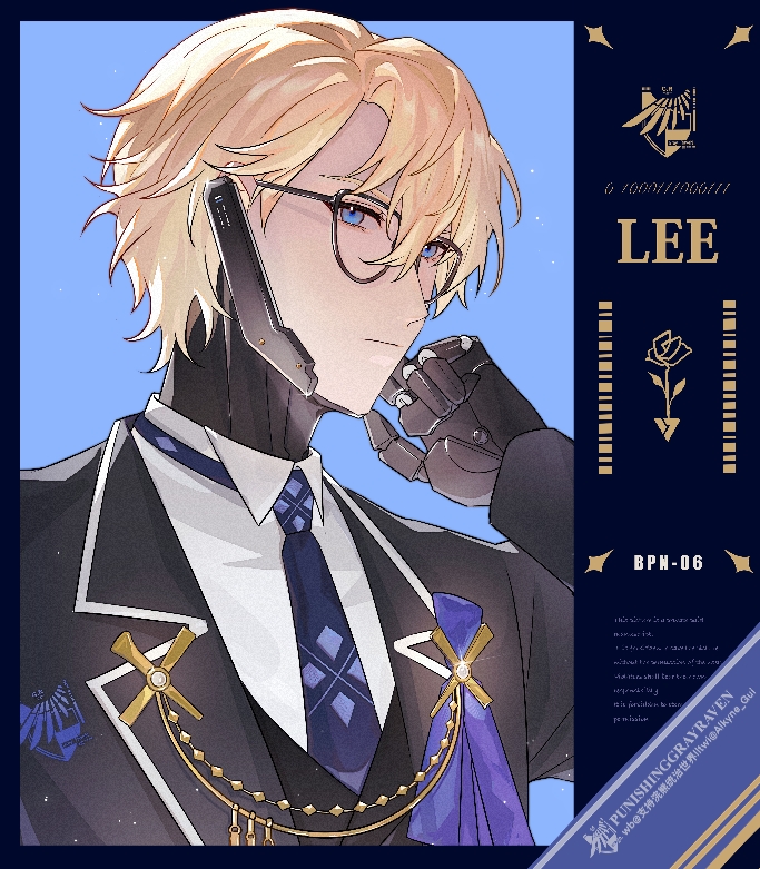 1boy, alkyne_gui, black_suit, blonde_hair, blue_eyes, blue_necktie, character_name, formal_clothes