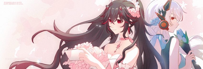 2girls, alkyne_gui, alpha_(pgr), alternate_costume, backless_outfit, bare_shoulders, black_hair, blue_dress