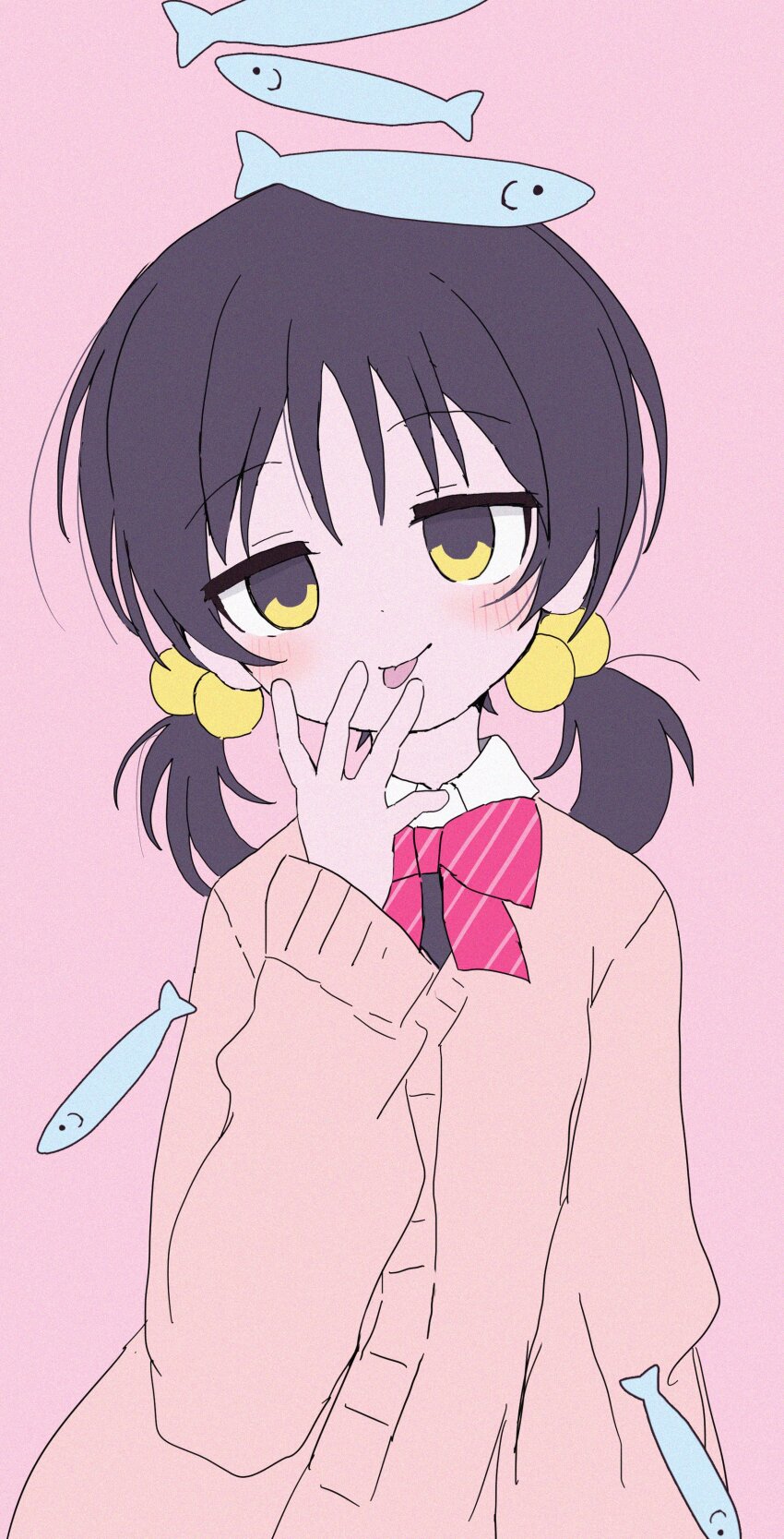 1girl, :p, absurdres, black_hair, bow, bowtie, cardigan, closed_mouth, collared_shirt, fish, hair_bobbles, hair_ornament, hand_to_own_mouth, hand_up, highres, kaai_yuki, long_sleeves, looking_at_viewer, low_twintails, medium_hair, pink_background, pink_bow, pink_bowtie, pink_cardigan, shirt, solo, tongue, tongue_out, twintails, upper_body, vocaloid, vreparty, white_shirt, yellow_eyes, zako_(vocaloid)