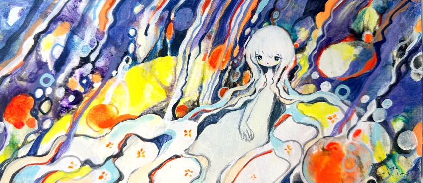 1girl, abstract_background, absurdres, colored_skin, feet_out_of_frame, highres, long_hair, looking_at_viewer