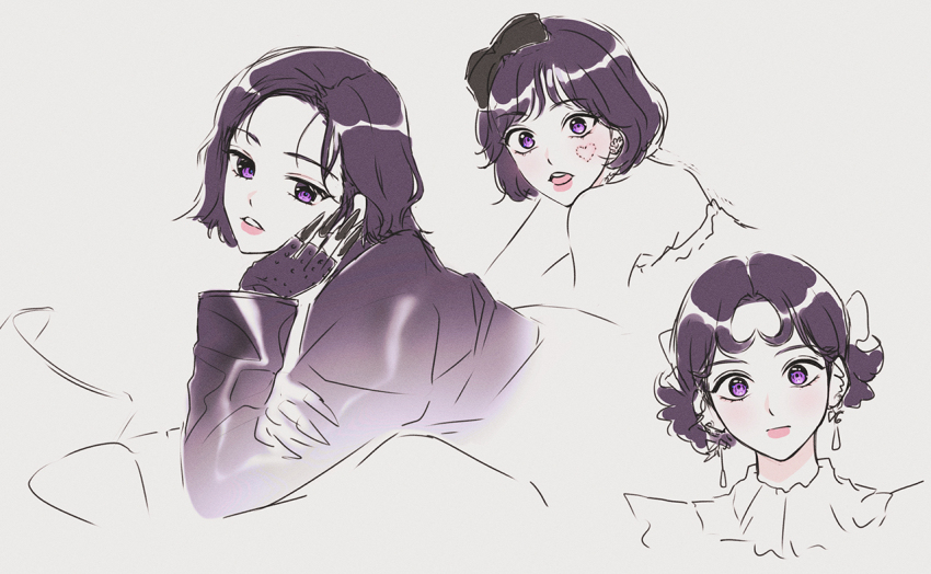 1girl, black_bow, bob_cut, bow, cheek_rest, closed_mouth, commentary_request, earrings