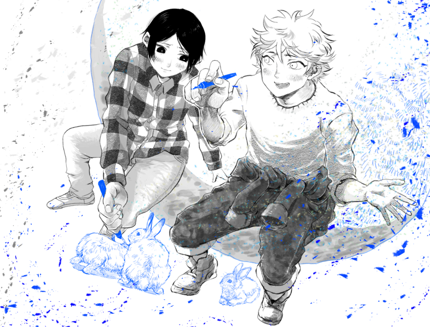 2boys, animal_ears, blue_period, clothes_around_waist, holding, holding_marker, holding_pen, jacket