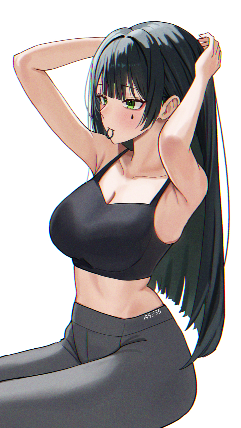 1girl, a5235, adjusting_hair, alternate_costume, alternate_hairstyle, arms_behind_head, artist_name, black_hair, black_sports_bra, breasts, cleavage, death_hammer_chouloky, facial_mark, gradient_hair, green_eyes, green_hair, grey_pants, hair_tie_in_mouth, highres, invisible_chair, large_breasts, midriff, mouth_hold, multicolored_hair, pants, simple_background, sitting, solo, sports_bra, teardrop_facial_mark, tying_hair, virtual_youtuber, waktaverse, white_background, yoga_pants