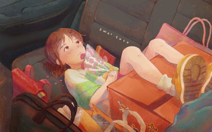 1girl, bag, bouquet, brown_hair, car_interior, closed_mouth, derivative_work, flower, ghibli_redraw_challenge_(meme), green_shirt, heart_pirates_jolly_roger, holding, holding_bouquet, jolly_roger, looking_up, lying, meme, ogino_chihiro, on_back, school_bag, screenshot_redraw, sen_to_chihiro_no_kamikakushi, shirt, sidelocks, smolkeii, solo, straw_hats_jolly_roger, t-shirt