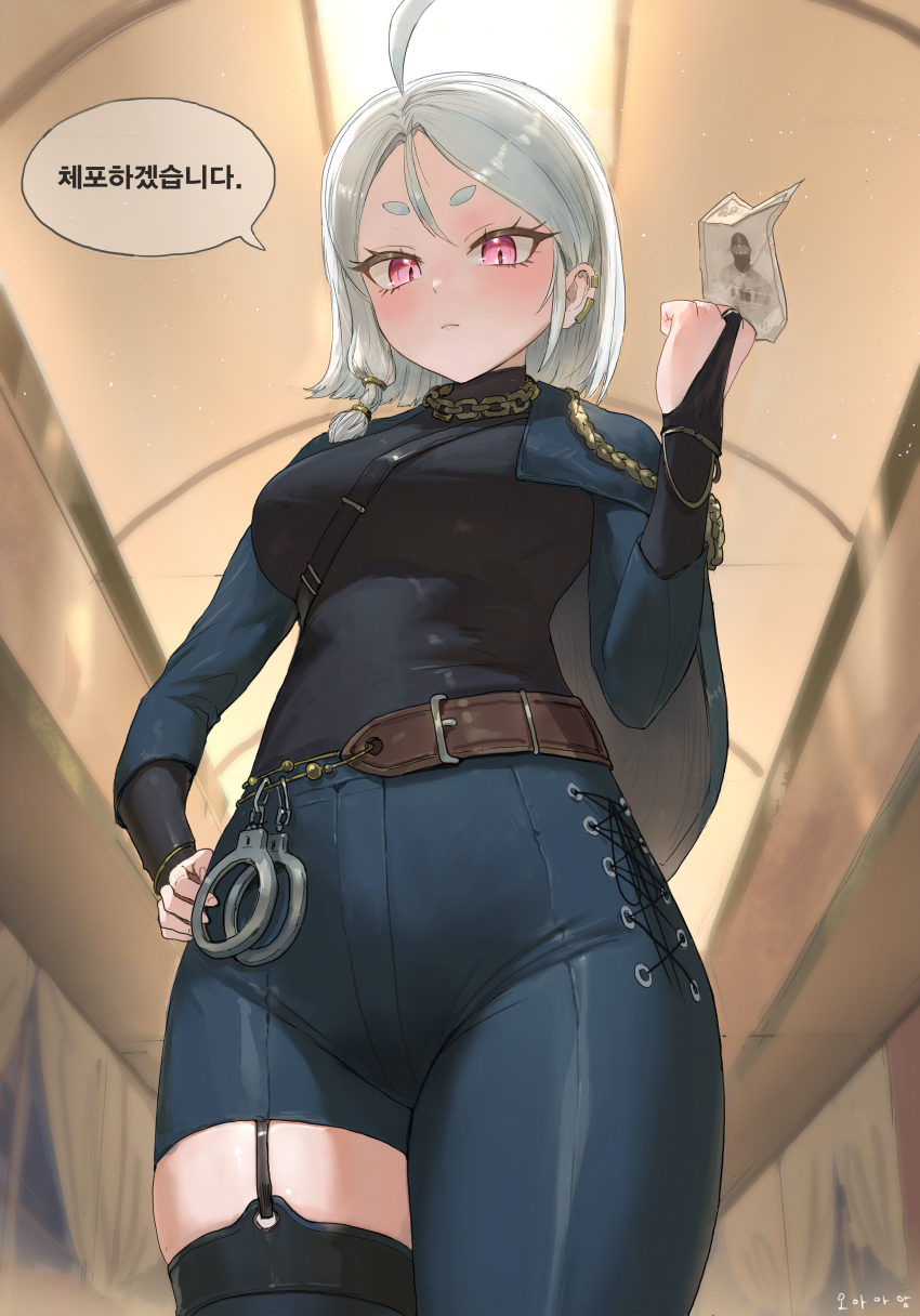 1girl, absurdres, asymmetrical_pants, asymmetrical_sidelocks, belt, black_gloves, black_shirt, blue_capelet