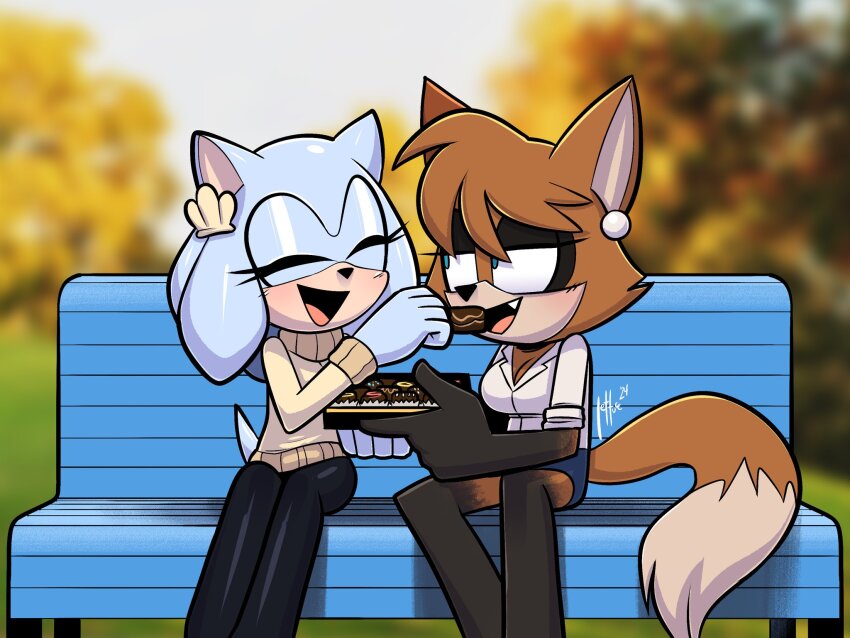 animal_ears, bench, box, box_of_chocolates, chocolate, earrings, feeding, highres