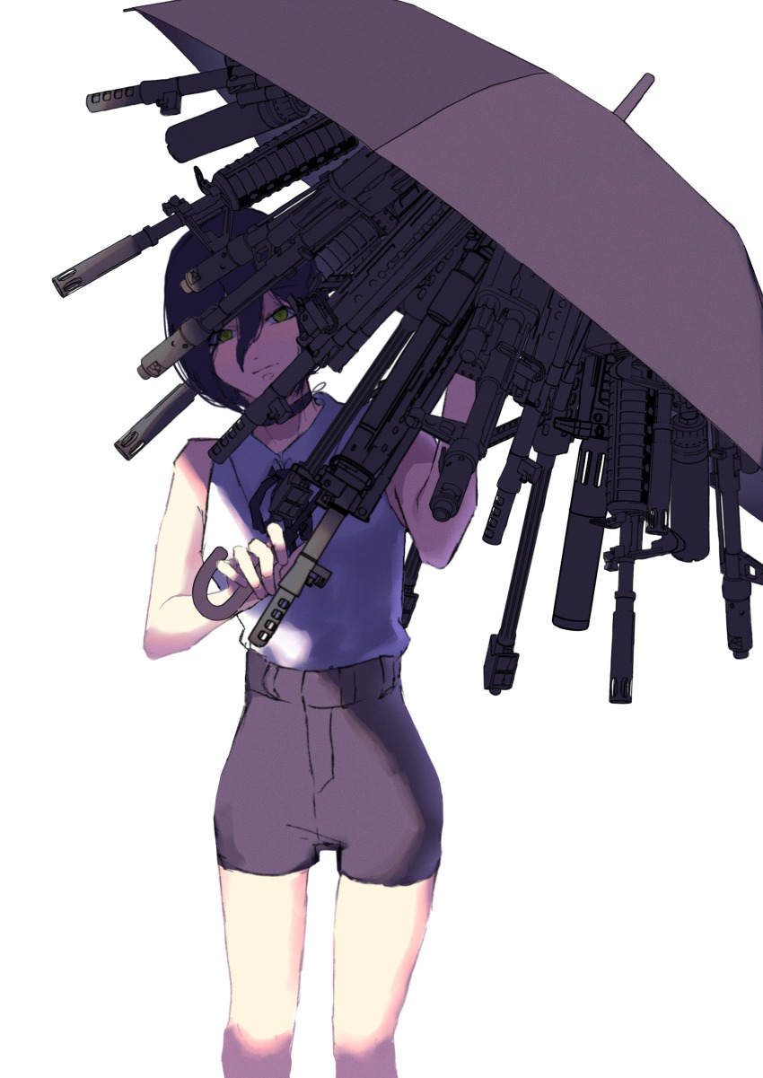 1girl, absurdres, assault_rifle, black_choker, black_hair, black_ribbon, black_shorts, black_umbrella, chainsaw_man, choker, closed_mouth, colt_commando, green_eyes, gun, hair_between_eyes, highres, holding, holding_umbrella, kuromakigaeru, looking_at_viewer, neck_ribbon, reze_(chainsaw_man), ribbon, rifle, shirt, shorts, simple_background, sleeveless, sleeveless_shirt, solo, umbrella, weapon, white_background, white_shirt