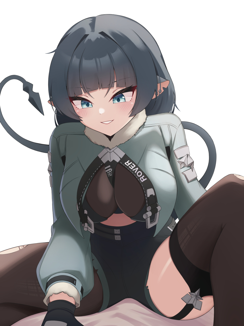 1girl, absurdres, animal_ear_piercing, animal_ears, between_breasts, black_hair, black_shirt, black_shorts