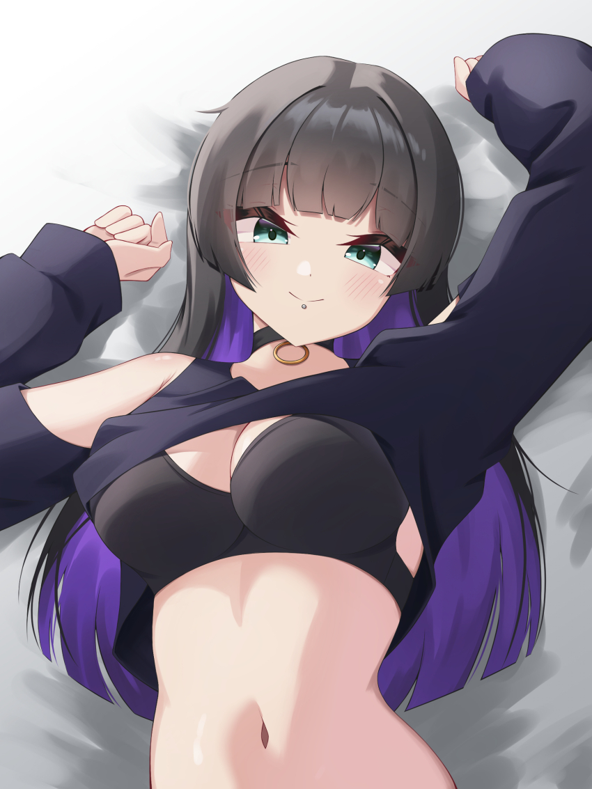 1girl, absurdres, arms_up, bare_shoulders, black_choker, black_dress, black_hair, blunt_bangs, blush, bocchi_the_rock!, breasts, choker, clothes_lift, clothing_cutout, colored_inner_hair, commentary, dress, dress_lift, face_piercing, green_eyes, highres, hime_cut, labret_piercing, large_breasts, lip_piercing, long_hair, long_sleeves, looking_at_viewer, lying, multicolored_hair, navel, on_back, pa-san, piercing, puleudingding, purple_hair, shoulder_cutout, smile, solo, stomach