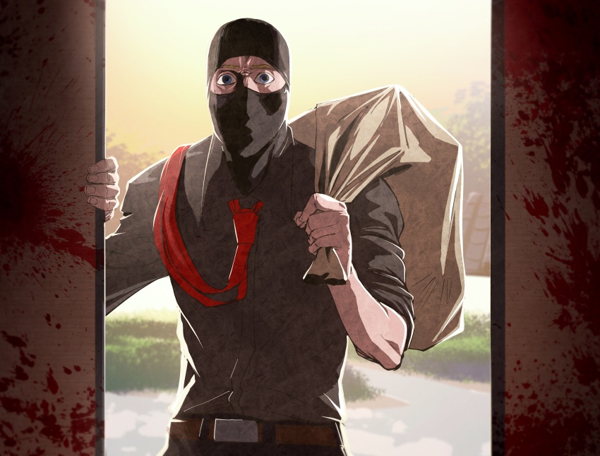 1boy, absurdres, bag, balaclava, belt, black_pants, black_shirt, blood