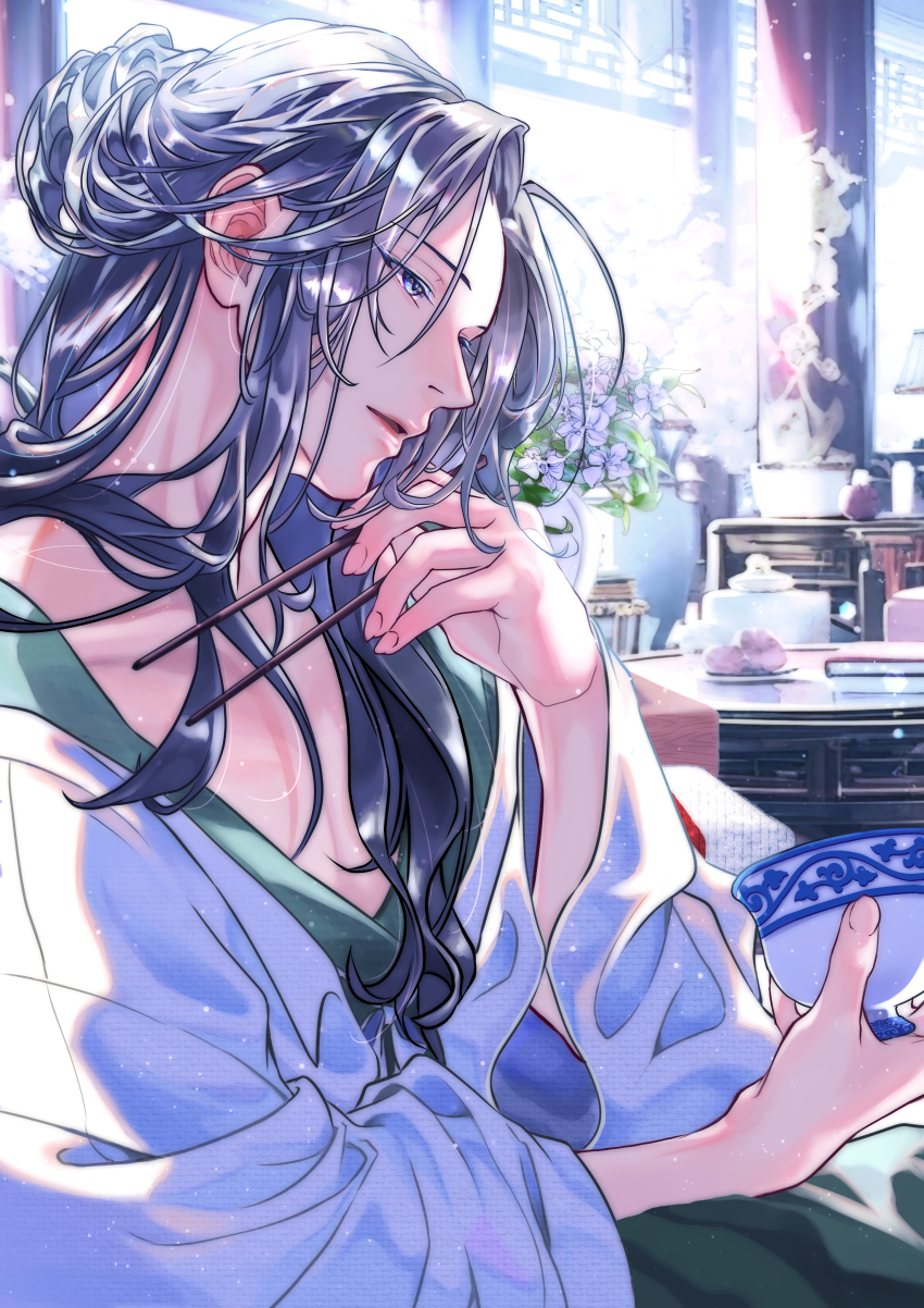 1boy, absurdres, architecture, bishounen, bowl, chinese_clothes, chopsticks, curtains, east_asian_architecture, flower, hanfu, highres, jinshi_(kusuriya_no_hitorigoto), kusuriya_no_hitorigoto, long_hair, male_focus, ninaxi_sham, profile, purple_flower, solo, upper_body