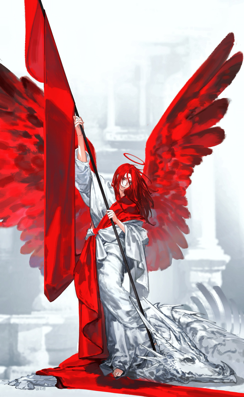 absurdres, arm_up, barefoot, blurry, blurry_background, chamuwang, circle_of_inevitability, curtained_hair