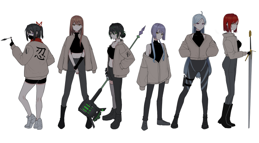 6+girls, a5235, absurdres, artist_name, asymmetrical_clothes, black_camisole, black_footwear, black_gloves, black_hair, black_mask, black_shirt, black_shorts, blue_hair, boots, breasts, brown_eyes, brown_hair, brown_jacket, camisole, castle_knight_charlotte, cleavage, closed_mouth, contrapposto, crop_top, death_hammer_chouloky, earclip, earrings, fingerless_gloves, from_side, gloves, gradient_hair, greatsword, green_eyes, grey_hair, hair_bun, hair_ribbon, hammer, hand_in_pocket, hands_in_pockets, highres, holding, holding_hammer, holster, jacket, jacket_on_shoulders, jewelry, kunai, lineup, long_hair, looking_back, low_twintails, mask, medium_breasts, midriff, mimi-jjangjjang-seyong, mouth_mask, multicolored_hair, multiple_girls, navel, ninja, ninnin_(waktaverse), open_clothes, open_jacket, pink_eyes, ponytail, purple_eyes, red_hair, ribbon, shirt, shoes, short_hair, short_ponytail, short_shorts, shorts, single_bare_shoulder, single_pantsleg, sirian_rain, sleeves_past_fingers, sleeves_past_wrists, sneakers, strapless, sword, tassel, tassel_earrings, thigh_holster, turtleneck, twintails, very_long_hair, victory_(waktaverse), virtual_youtuber, waktaverse, weapon, white_footwear, yellow_eyes
