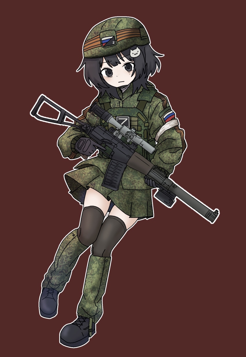 1girl, adapted_costume, as_val, assault_rifle, bandaged_arm, bandages, black_eyes, black_hair, black_thighhighs, bulletproof_vest, camouflage, camouflage_skirt, cat_hair_ornament, chinstrap, combat_helmet, gloves, gun, hair_ornament, helmet, highres, holding, holding_gun, holding_weapon, jephy_0, kalashnikov_rifle, korean_commentary, leg_warmers, load_bearing_vest, military_combat_uniform, military_uniform, original, outline, red_background, ribbon_of_saint_george, rifle, russian_flag, russian_ground_forces, scope, simple_background, skirt, solo, thighhighs, weapon, white_outline, z_(russian_symbol)