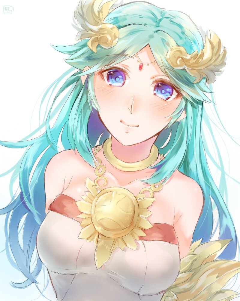 1girl, alternate_eye_color, blue_eyes, blush, breasts, chain, circlet, collarbone