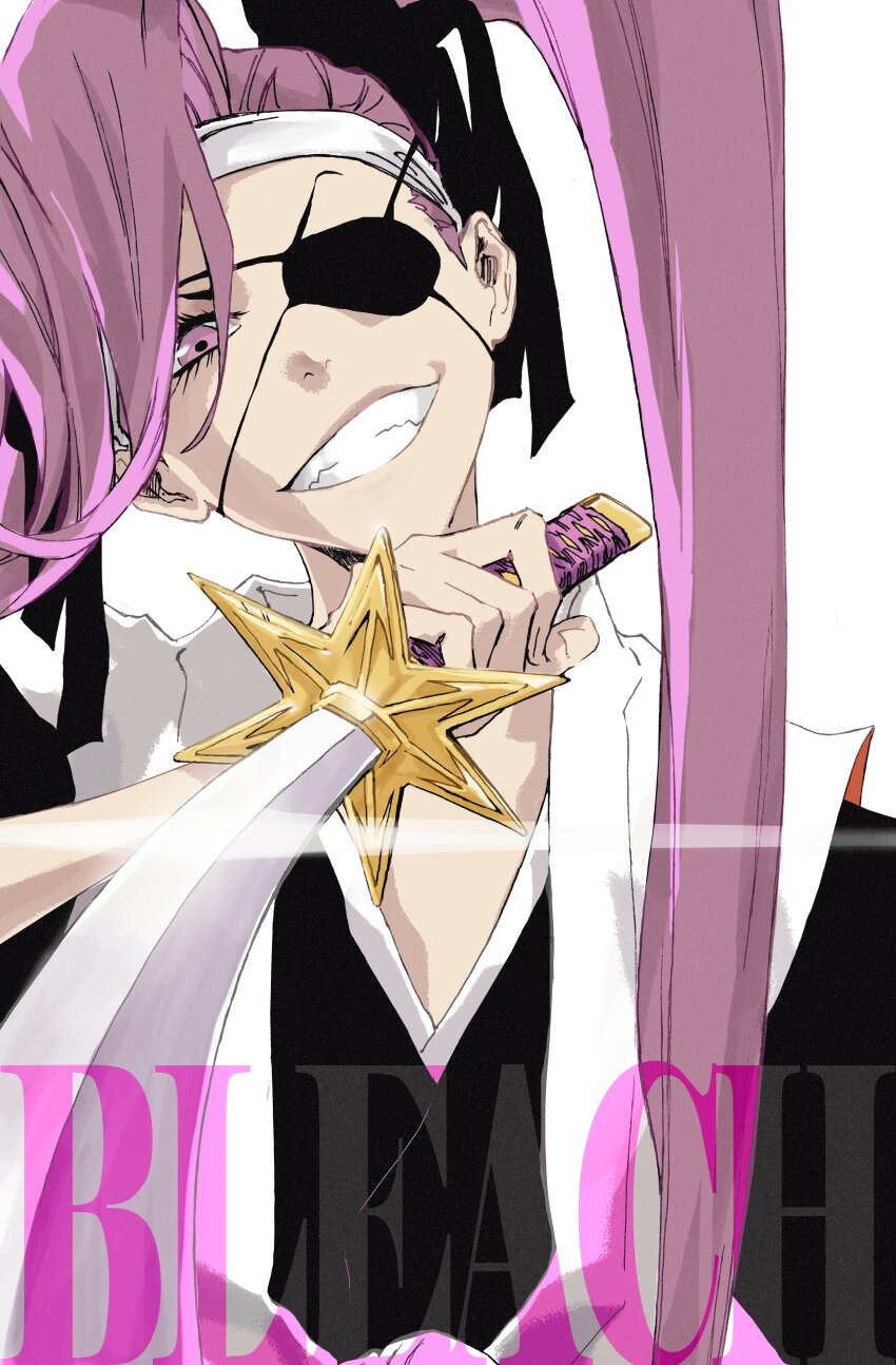 1girl, absurdres, black_kimono, black_ribbon, bleach, bleach:_sennen_kessen-hen, commentary, copyright_name