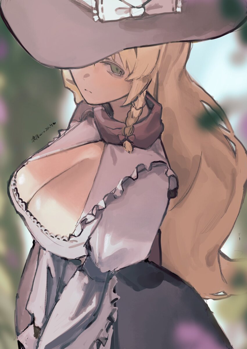 1girl, bags_under_eyes, blonde_hair, blurry, blurry_background, bow, braid, breasts