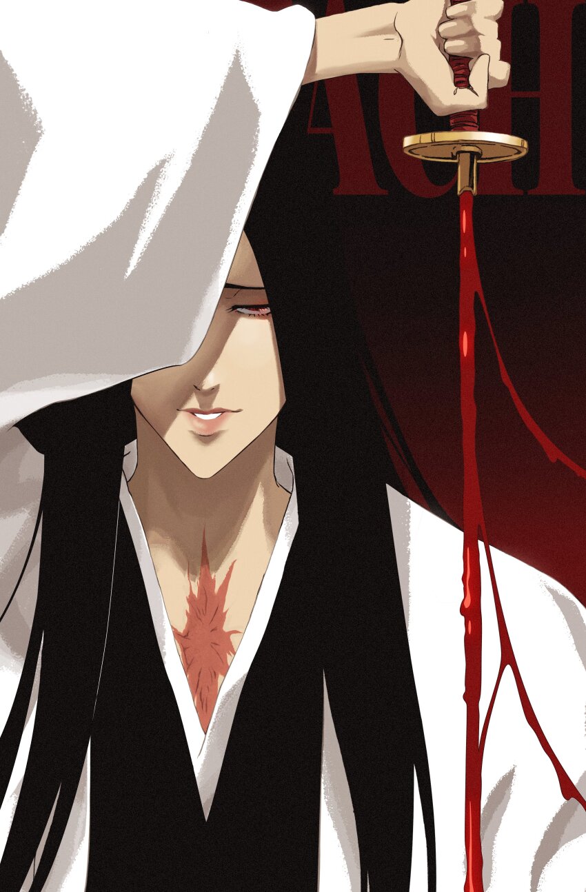 1girl, absurdres, arm_up, bankai, black_hair, bleach, bleach:_sennen_kessen-hen, blood