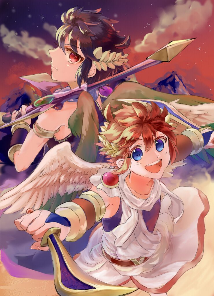 2boys, ahoge, angel, angel_wings, blue_eyes, brown_hair, closed_mouth, dark_pit