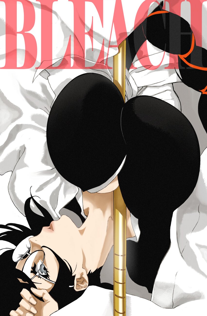 1girl, absurdres, between_breasts, black_hair, black_kimono, bleach, bleach:_sennen_kessen-hen, braid, breasts, commentary, copyright_name, english_commentary, eyelashes, film_grain, glasses, grey_eyes, hand_up, haori, highres, huge_breasts, japanese_clothes, katori_batsuunsai, kimono, kubo_tite_(style), long_hair, long_sleeves, looking_at_viewer, official_style, parted_lips, pedrozox2093, pink_lips, polearm, round_eyewear, simple_background, solo, taichou_haori, upper_body, upside-down, weapon, white-framed_eyewear, white_background, wide_sleeves