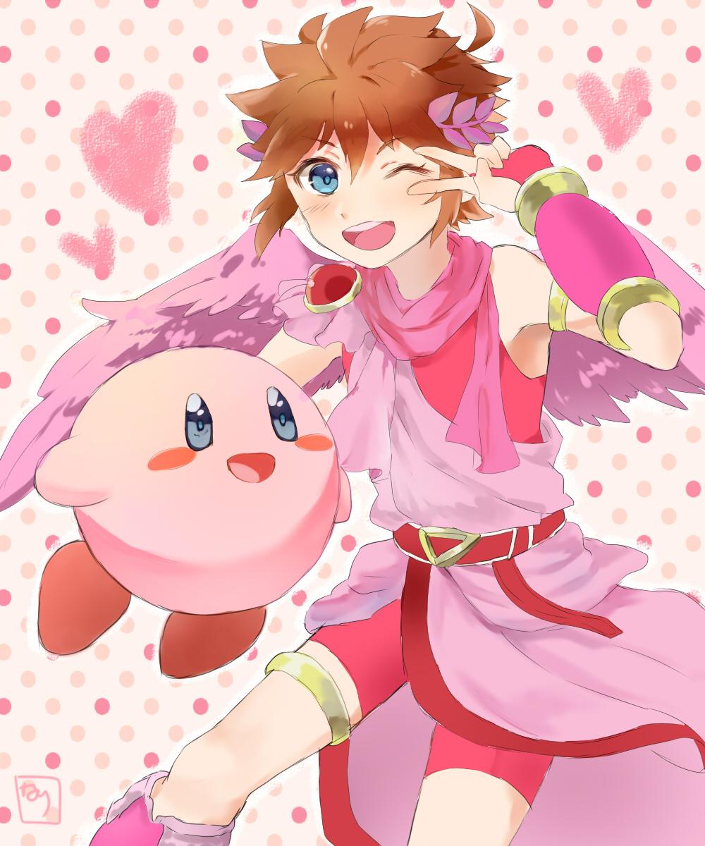 ahoge, alternate_color, angel, angel_wings, bike_shorts, blue_eyes, blush_stickers, brown_hair