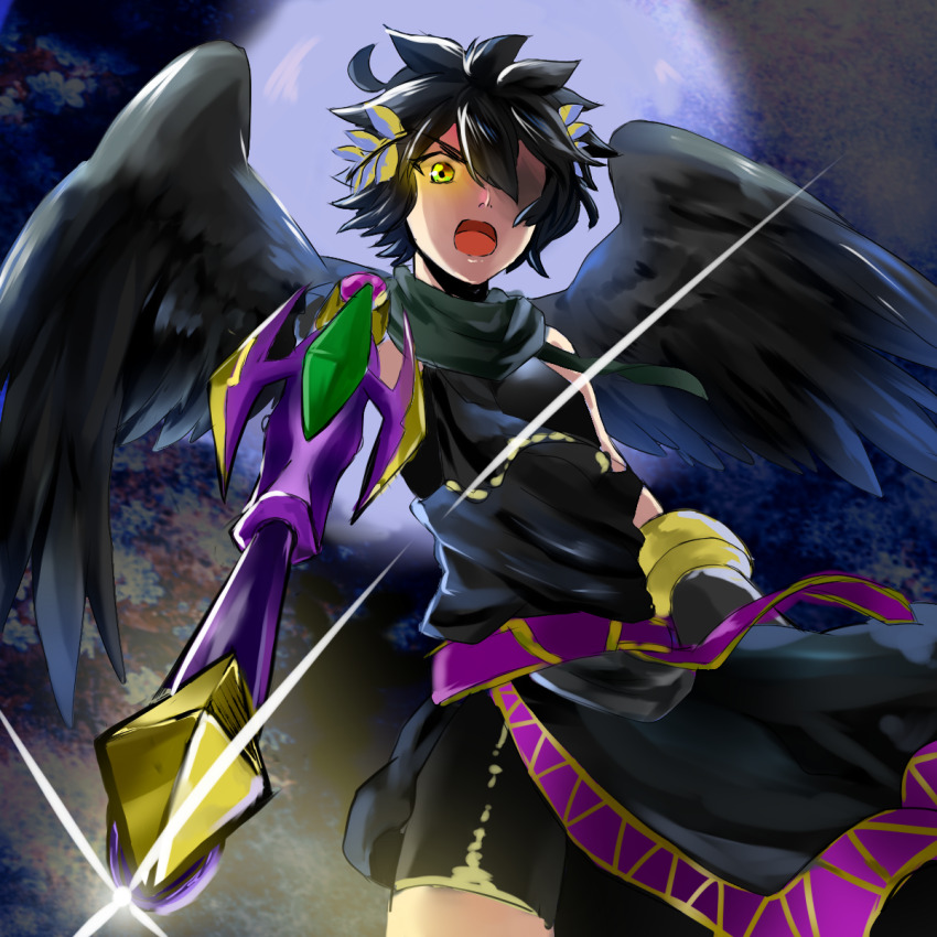 1boy, ahoge, aiming, aiming_at_viewer, angel, angel_wings, bike_shorts, black_hair