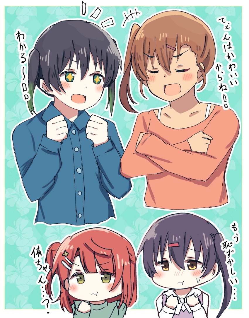 +_+, 4girls, :d, :t, akamine_ten, black_hair, blue_shirt, blunt_bangs