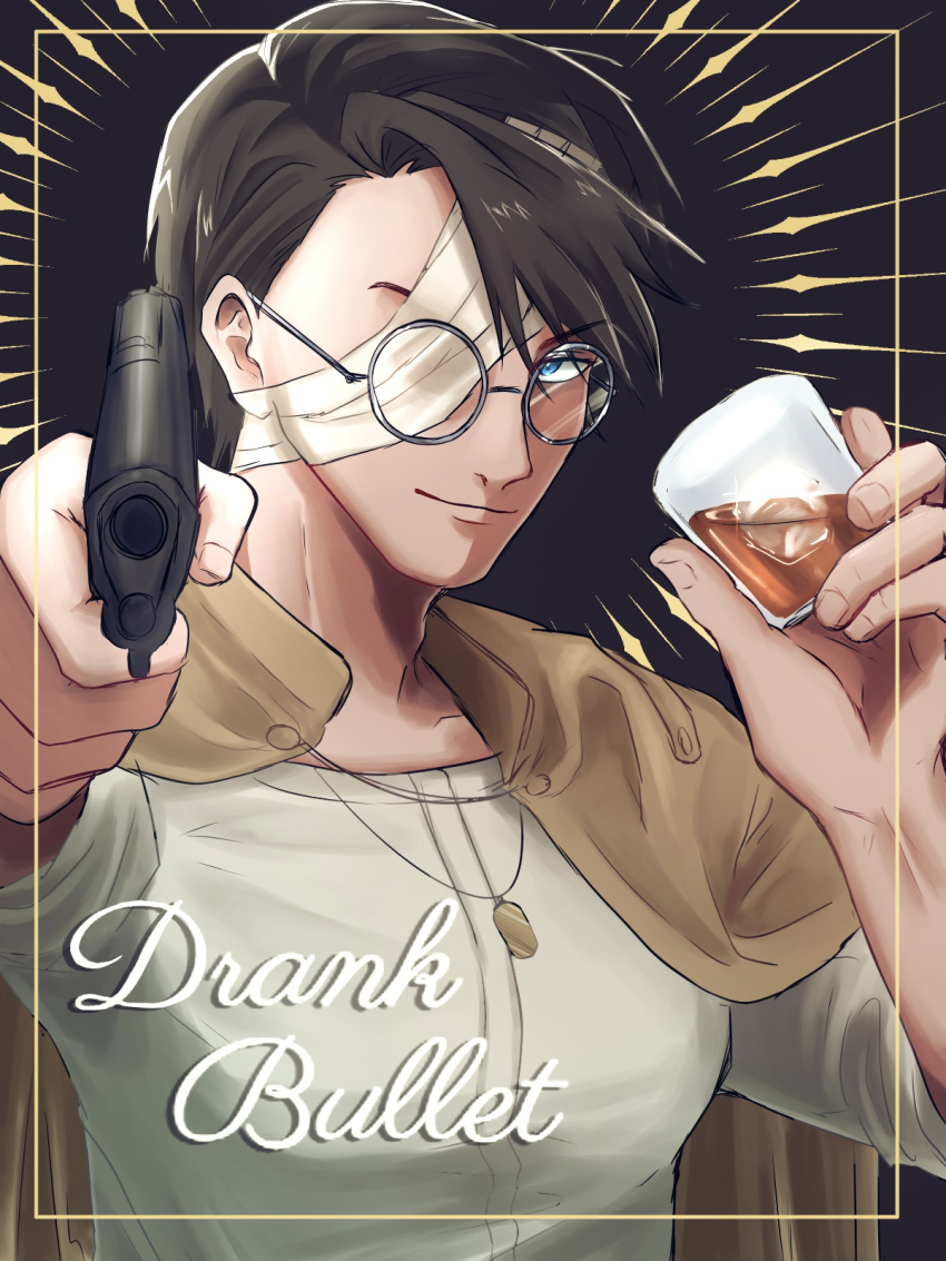 1boy, bandage_over_one_eye, black_background, black_hair, blue_eyes, border, closed_mouth, commentary_request, copyright_name, cup, cursive, dog_tags, drinking_glass, drunk_bullet, garett_hopper, glasses, grey-framed_eyewear, gun, handgun, highres, holding, holding_cup, holding_gun, holding_weapon, ice, ice_cube, inset_border, looking_at_viewer, male_focus, rabbit1010, round_eyewear, shirt, short_hair, shot_glass, solo, upper_body, weapon, white_shirt, yellow_border