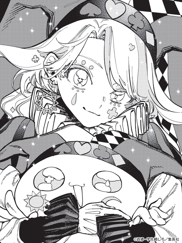 1girl, checkered_clothes, checkered_hat, closed_mouth, club_(shape), diamond_(shape), gloves, hat