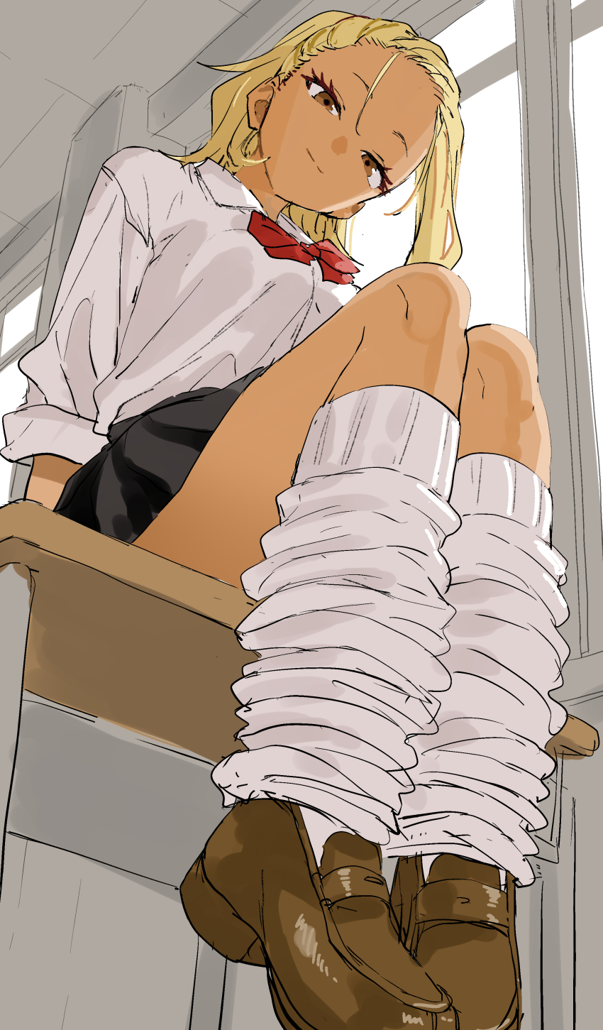 1girl, absurdres, black_skirt, blonde_hair, bow, bowtie, brown_eyes, brown_shoes, closed_mouth, collared_shirt, gyaru, highres, ichinose_karina, indoors, loafers, long_hair, long_sleeves, looking_at_viewer, looking_down, loose_socks, manemane_nichinichi, official_art, pleated_skirt, red_bow, red_bowtie, school_uniform, shirt, shoes, sitting, skirt, sleeves_rolled_up, smile, socks, solo, tan, thighs, white_shirt, yamamoto_souichirou