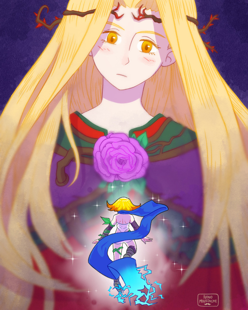 2girls, artist_logo, blonde_hair, blue_scarf, flower, highres, kid_icarus, kid_icarus_uprising, logo, long_hair, looking_at_another, multicolored_hair, multiple_girls, nintendo, nonomoustache, orange_hair, phosphora, purple_background, purple_flower, scarf, sparkle, two-tone_hair, very_long_hair, viridi, yellow_eyes