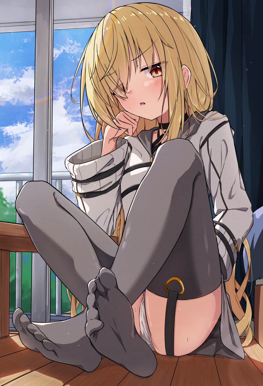 1girl, 9-nine-, absurdres, black_choker, blonde_hair, blush, choker, clenched_hand, commentary_request, criss-cross_halter, day, eyes_visible_through_hair, feet, full_body, garter_straps, ghost_(9-nine-), grey_thighhighs, hair_between_eyes, hair_over_one_eye, hair_over_shoulder, halterneck, hand_up, head_rest, highres, hood, hood_down, hoodie, indian_style, indoors, knees_apart_feet_together, lens_flare, loli, long_hair, long_sleeves, looking_at_viewer, no_shoes, open_mouth, panties, red_eyes, sidelighting, sitting, soles, solo, sweat, takoyaki032002, thighhighs, thighs, toes, tsurime, underwear, v-shaped_eyebrows, very_long_hair, white_hoodie, white_panties, wide_sleeves, window