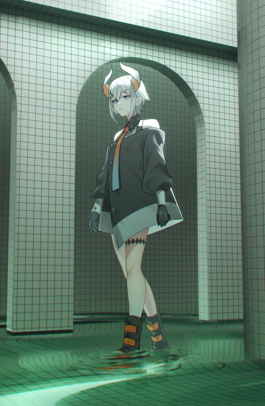 1girl, backrooms_(creepypasta), bare_shoulders, black_gloves, black_horns, blue_eyes, blue_necktie, boots