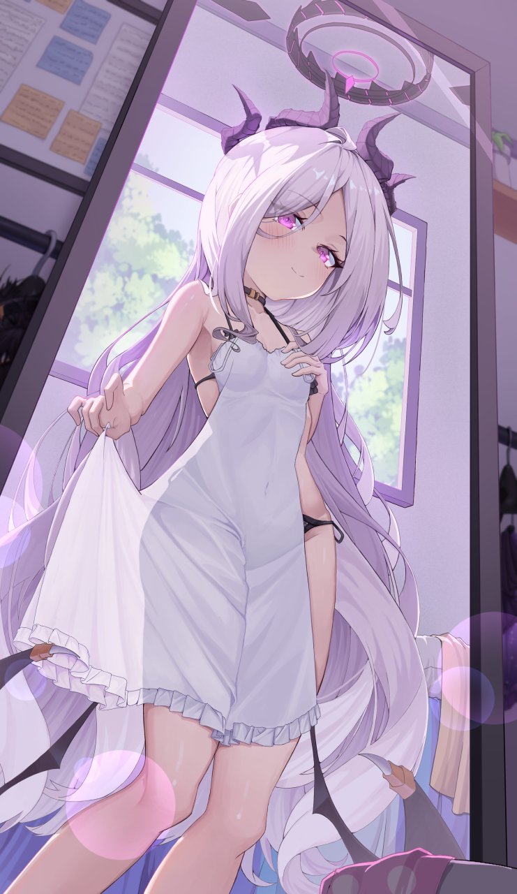 1girl, black_bra, black_horns, black_panties, blue_archive, bra, breasts, closed_mouth