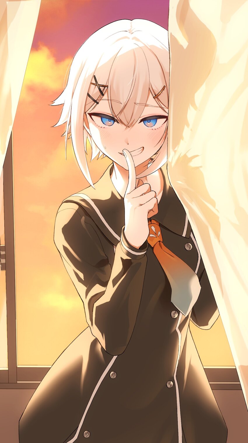 1girl, absurdres, blue_eyes, blue_necktie, blush, curtain_grab, curtains, different_silhouette