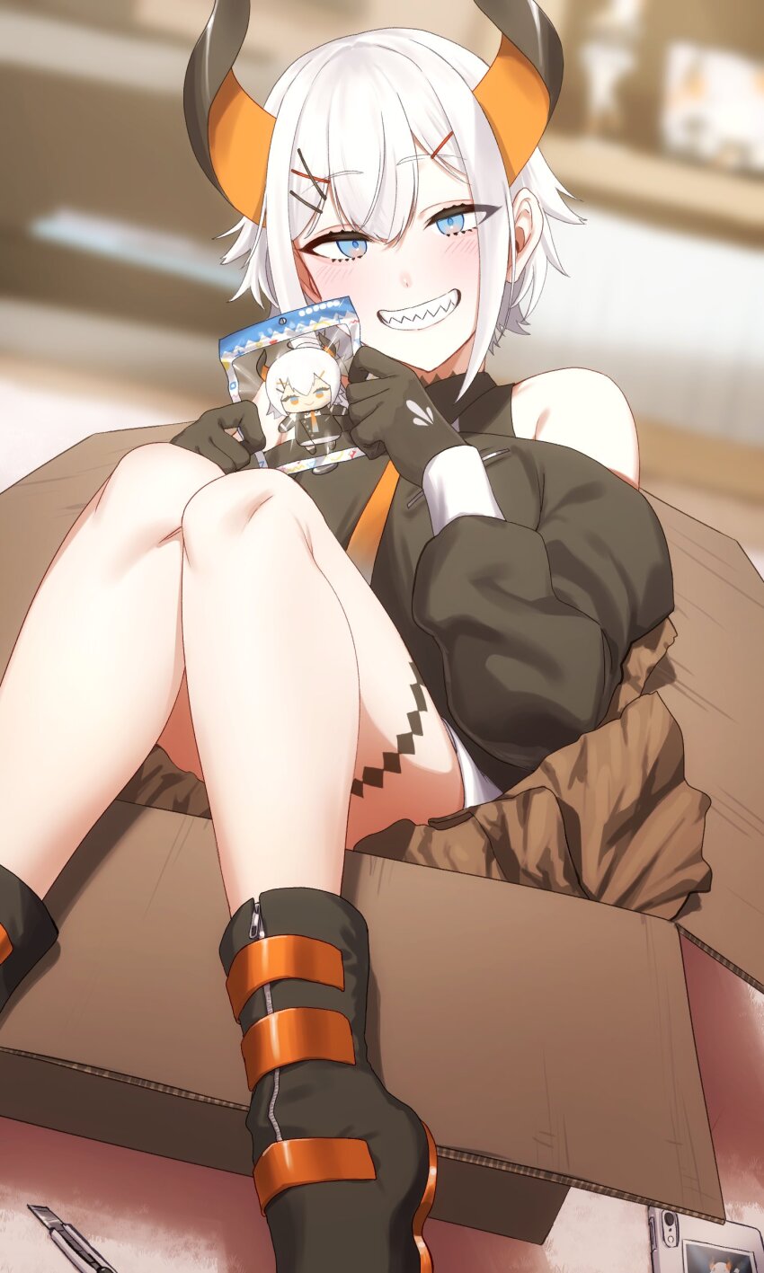 1girl, absurdres, black_horns, blue_eyes, blush, boots, box, cardboard_box