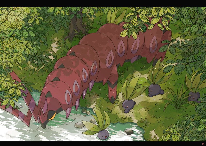 45_(maruyaki45), absurdres, closed_eyes, colored_sclera, commentary, day, drinking, forest