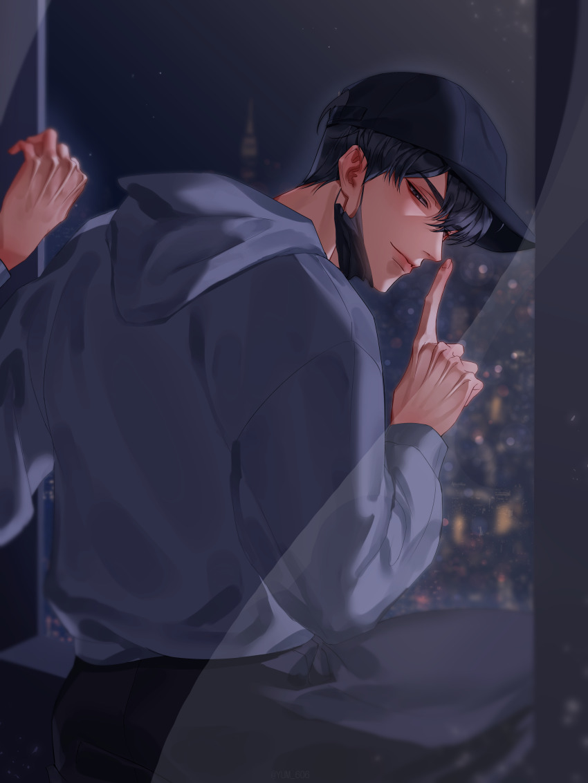 1boy, absurdres, baseball_cap, black_eyes, black_hair, black_mask, black_pants, cityscape