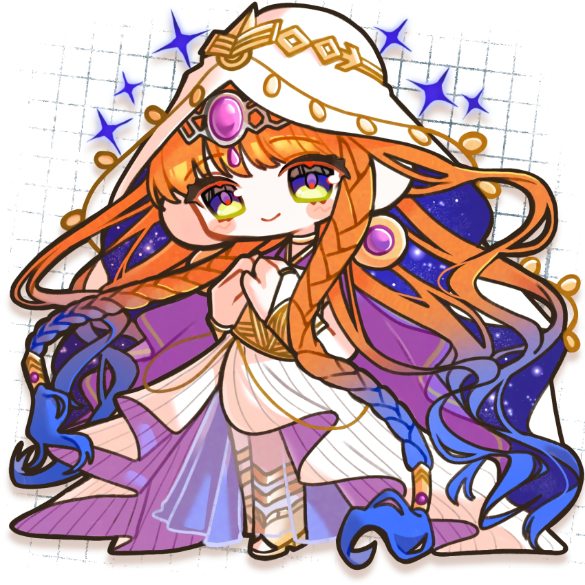 1girl, blue_hair, blush_stickers, braid, chibi, closed_mouth, commentary, dress