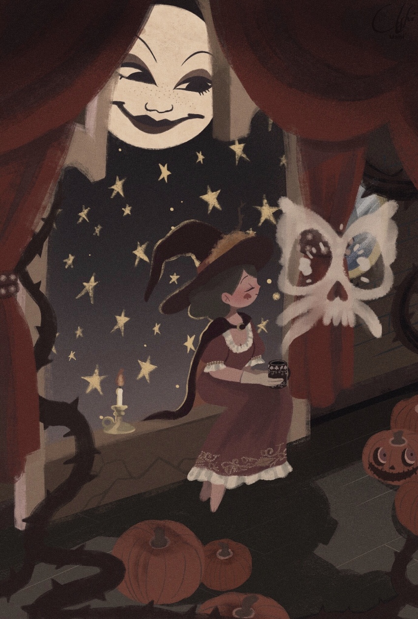 1girl, cape, dress, eclipsa_butterfly, green_hair, hat, highres, looking_at_another