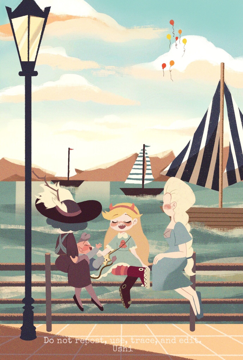 4girls, aqua_dress, baby, blonde_hair, blue_dress, blue_hair, boat, dress, eclipsa_butterfly, green_hair, hat, highres, meteora_butterfly, moon_butterfly, mother_and_child, mother_and_daughter, multiple_girls, ocean, parent_and_child, purple_dress, purple_hair, sitting, sky, star_butterfly, star_vs_the_forces_of_evil, ushi_(ushi418), watercraft