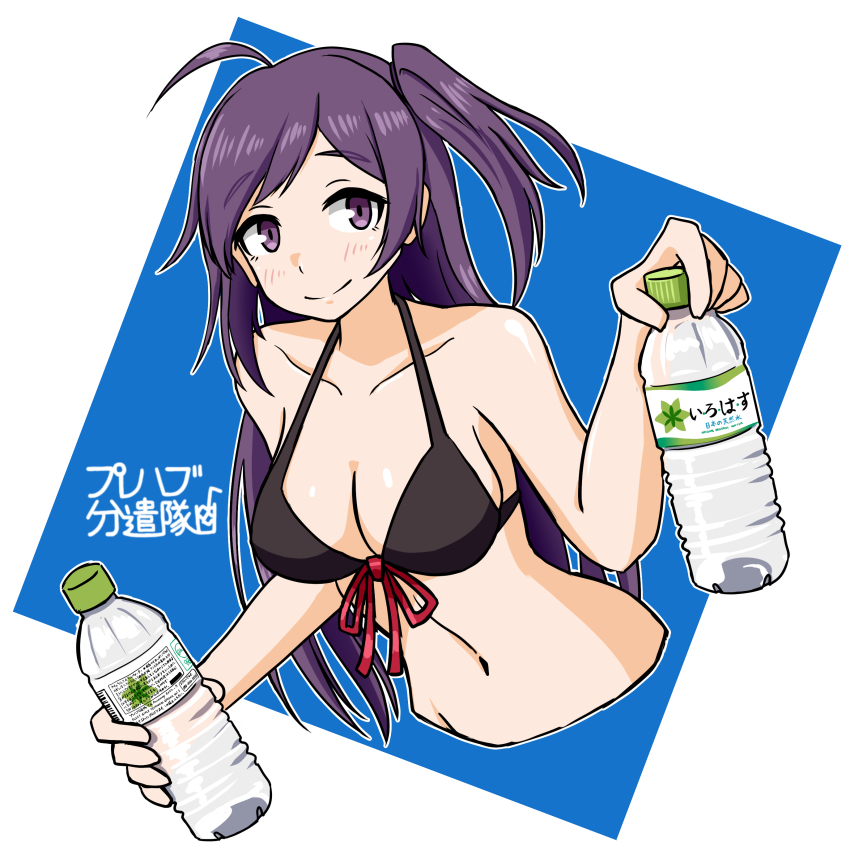 1girl, absurdres, ahoge, bikini, bikini_top_only, black_bikini, bottle, breasts