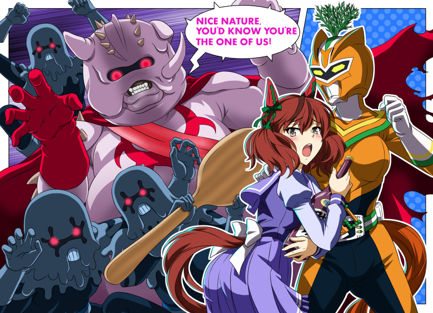 2girls, animal_ears, bottle, bow, bowtie, brown_eyes, brown_hair, carrotman_(umamusume)