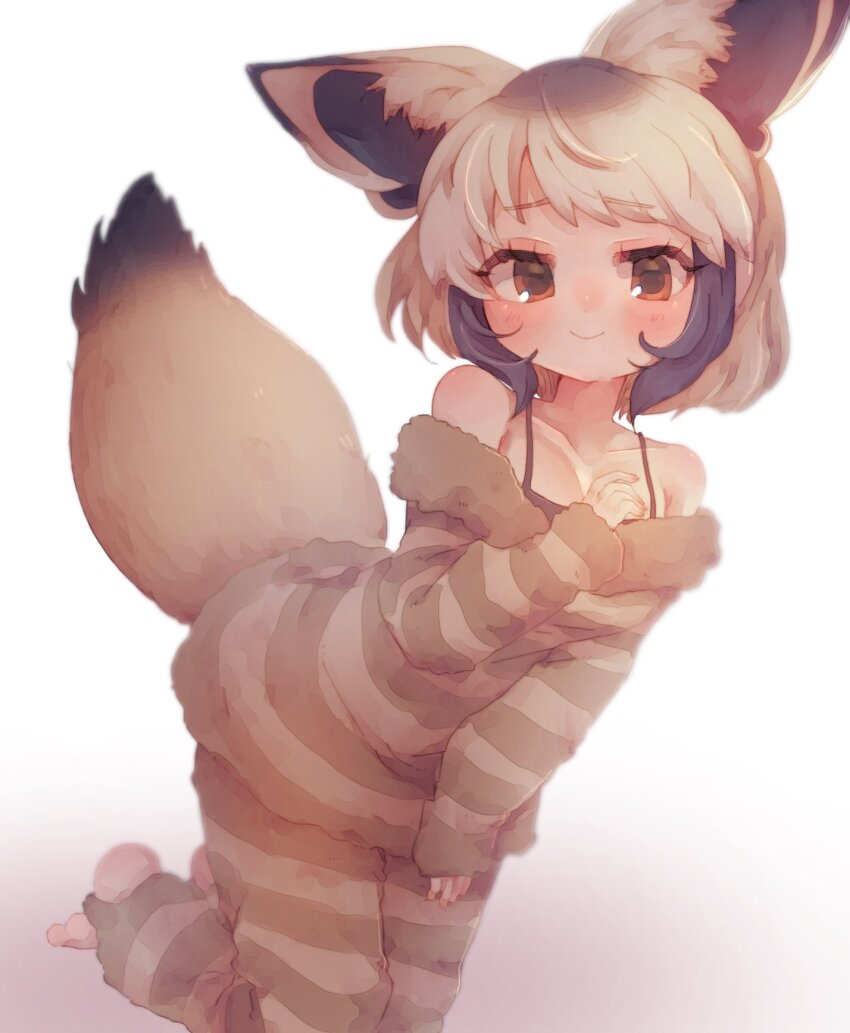 1girl, bare_shoulders, barefoot, bat-eared_fox_(kemono_friends), black_bra, bra, closed_mouth, collarbone